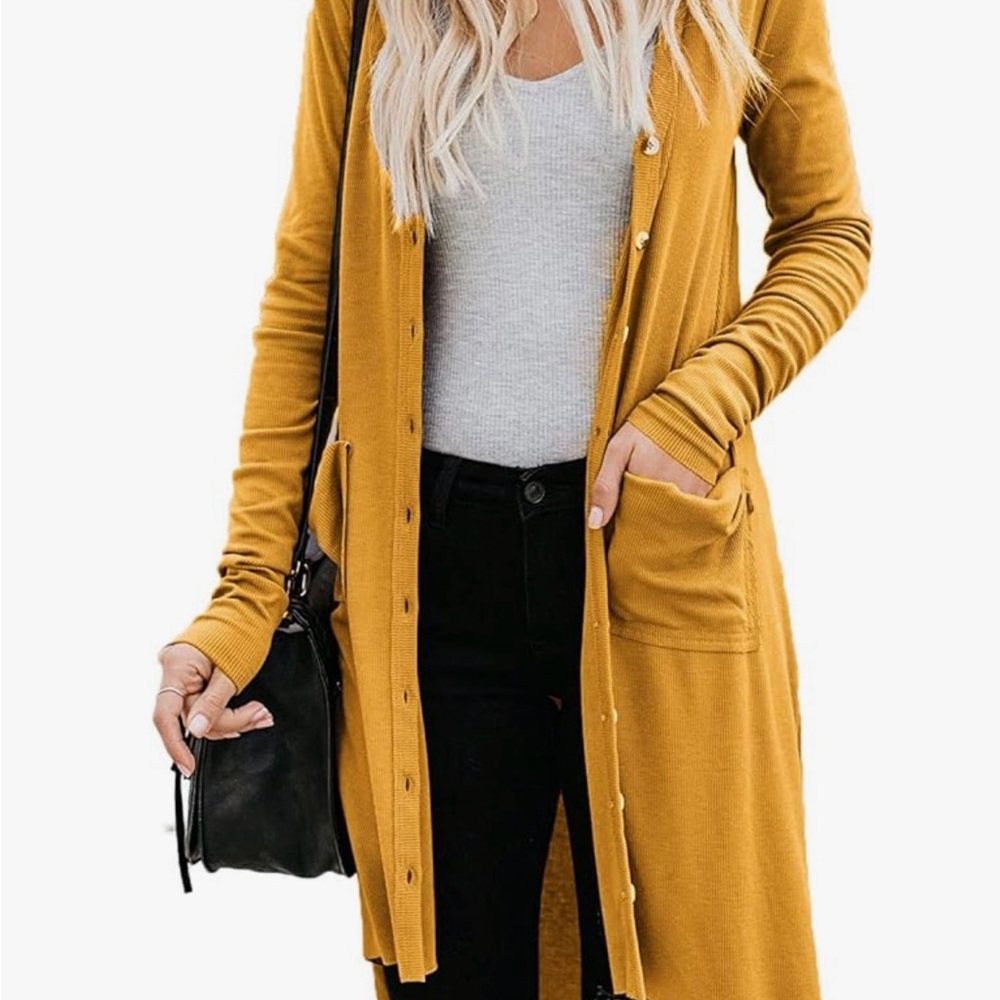 Women's Long Cardigans Button Down High Low Solid Knit Loose Cardigan pockets
